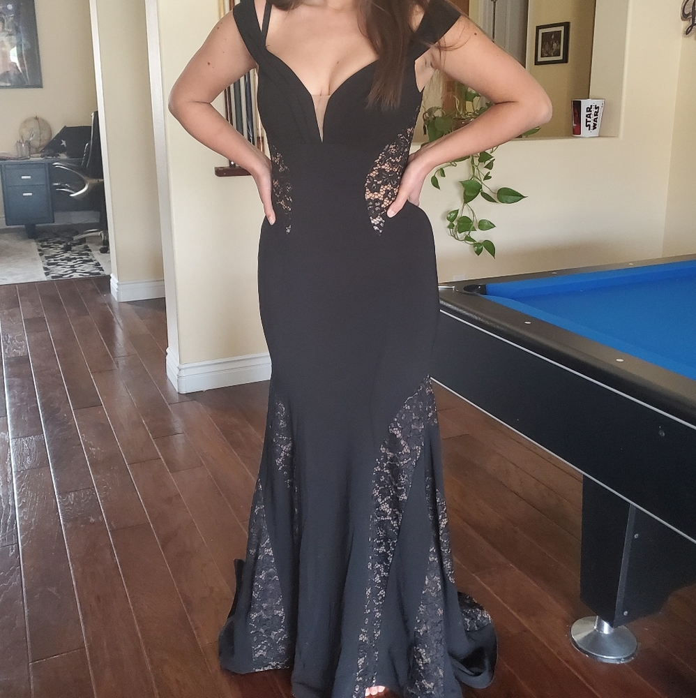 Black lace Camille La Vie prom dress